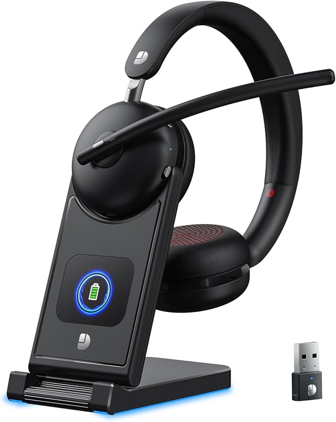 Wireless Headset with Mic for Work-Bluetooth 5.3 Headset with Noise Cancelling, Wireless Headsets with 65Hrs Battery & 10Min Fast Charge, Smart Dock with Digital Display for PC/Computer/Teams