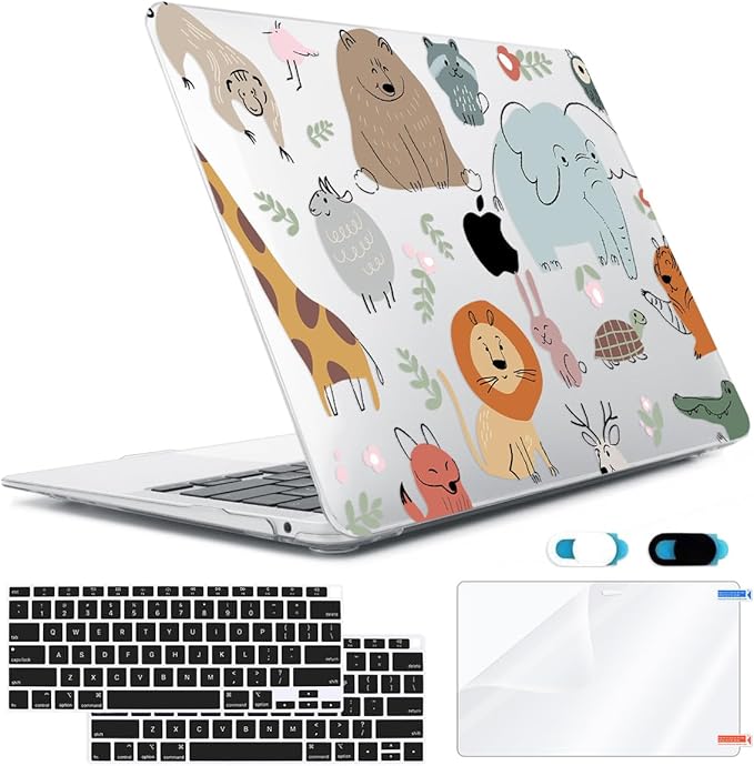 for MacBook Air 13 inch Case 2021 2020 2019 2018 A2337 M1 A2179 A1932, Plastic Hard Shell Case&Keyboard Cover&Screen Protector&Webcam Cover Compatible with MacBook Air 13" Retina, Cute Animal