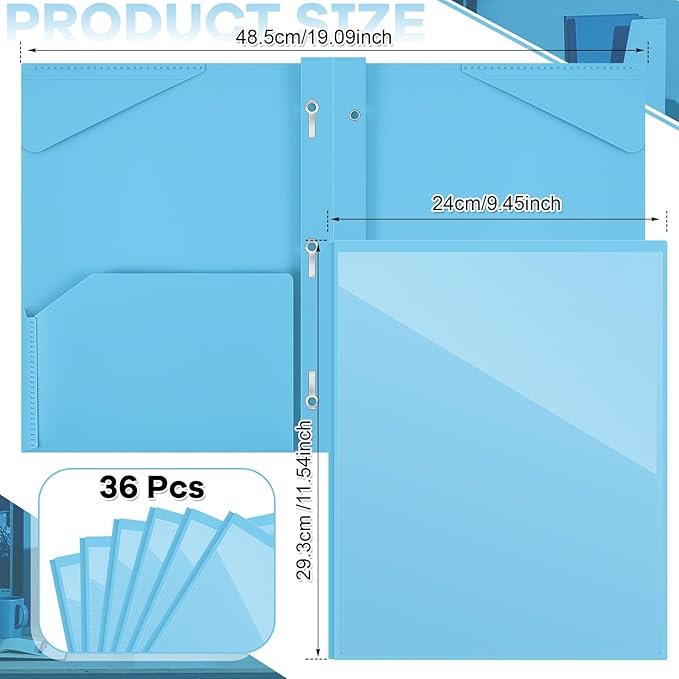 Henoyso 36 Pcs Plastic Folder with Clear Front Pocket and 3 Prong Plastic Folders with Card Slot Pocket Folders with Prongs for School Office (Light Blue)