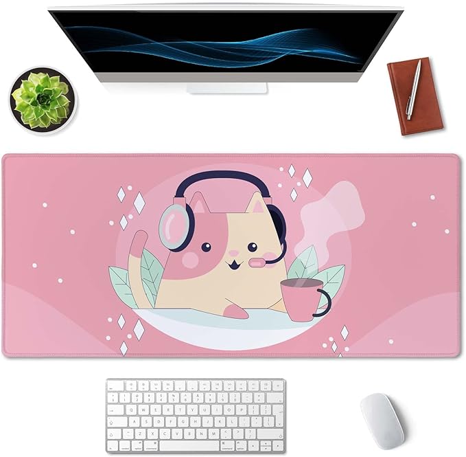 SSOIU Extended Mouse Pad, XXL Gaming Mouse Pads, Large Big Mousepad Laptop Computer Keyboard Mat Desk Pad with Non-Slip Base Stitched Edge for Gaming Office, 35.5 x 15.7 inch, Cute Cat