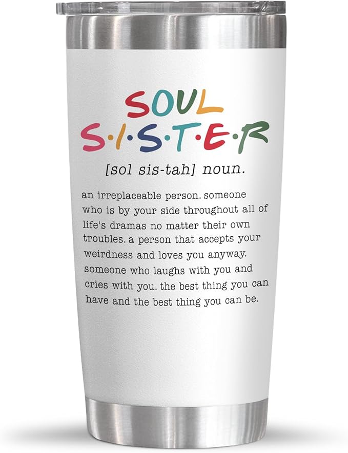 TEEZWONDER Christmas Friendship Gifts for Women - Soul Sister Stainless Steel Insulated Tumbler with Lid 20 oz - Inspirational Birthday Gifts for Friendship Women Friend BFF Work Bestie Coworkers