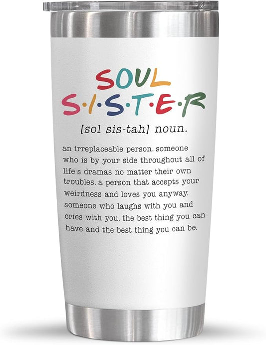 TEEZWONDER Christmas Friendship Gifts for Women - Soul Sister Stainless Steel Insulated Tumbler with Lid 20 oz - Inspirational Birthday Gifts for Friendship Women Friend BFF Work Bestie Coworkers