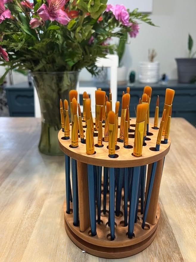 Rotating Paint Brush Holder - Handmade Paint Brush Holder Rotating Art Supply Organizer – Large Capacity Cherry Hardwood Brush Organizer for Desk, Arts and Crafts