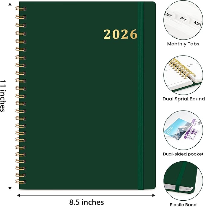 2026 Planner 8.5" x 11", Weekly and Monthly Calendar Planner Book, January 2026 - December 2026, Hardcover Spiral Planner with Monthly Tabs, Notes Pages, Perfect for Women & Men, A4 - Dark Green