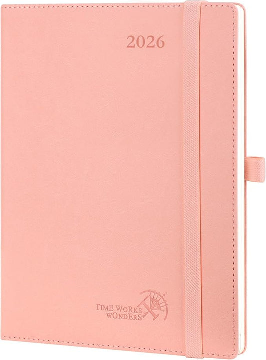 POPRUN 2026 Planner (Medium - 6.5'' x 8.5'') - 2026 Weekly Calendar ((Jan. 2026 - Dec. 2026) with Hourly Time Slots, Weekly/Monthly Appointment Book for Time Management - Leather Soft Cover - Pink