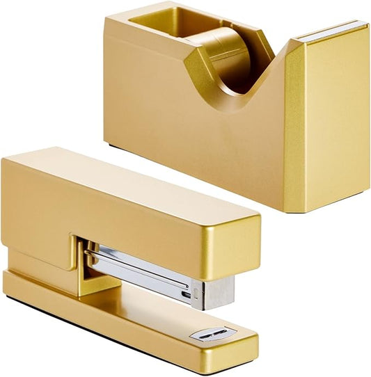2 Piece Matte Gold Stapler and Tape Dispenser Set for Home Office Decor, Classroom Supplies, Desk Accessories for Dorm Room, Students, Teachers, Office Organization