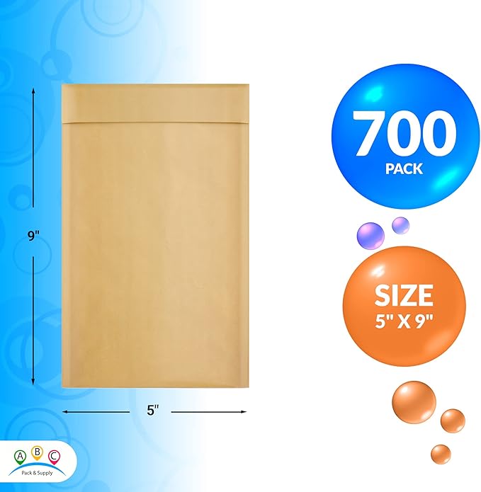 ABC PACK & SUPPLY Brown Kraft Bubble Mailer Envelopes, 5 x 9 Inches. 700 Pack Mail Padded Envelopes Self Seal. Kraft Bubble Mailers. Tear-Resistant Mailing Envelope Padded. Sturdy Paper Mailer