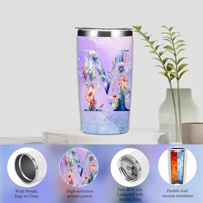 Personalized Gifts Monogrammed Birthday Gifts for Women, Her, Teacher Mother in Law Wedding Christmas Initial 20 oz Tumbler, Makeup Bag Cup Pens Journal Notebook 6 Set, (Aesthetic Purple Flower M)