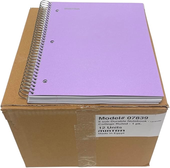 Mintra Office Durable Spiral Notebooks, 5 Subject (Lavender, College Ruled 12pk)