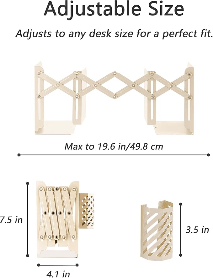 Kingsmile Book Ends, Adjustable Bookends for Shelves, Metal Bookends for Heavy Books, Book Stopper Organzier with Pen Holder for Desk, Kids Room, Office, Classroom, Library, Study Room.(Light Beige)