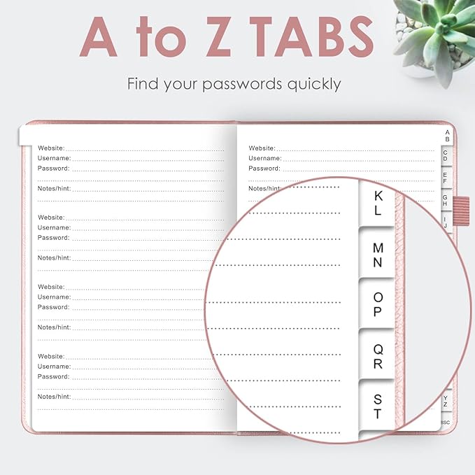 Elegant Password Book with Alphabetical Tabs - Hardcover Password Book for Internet Website Address Login - 7" x 10" Password Keeper and Organizer w/Notes Section & Back Pocket (Rose Gold)