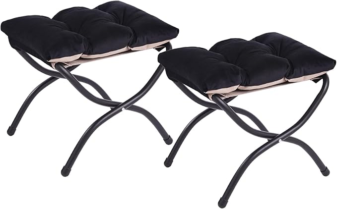 LITA 2 Pcs Folding Upholstered Footrest Stool, Modern Small Portable Accent Ottoman with Detachable Thick Cotton Cushion, Padded Sofa Stool with Metal Frame, Living Room & Bedroom,Velvet Black