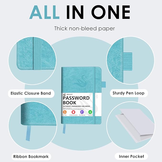 Elegant Password Book with Alphabetical Tabs - Hardcover Password Book for Internet Website Address Login - 5.2" x 7.6" Password Keeper and Organizer w/Notes Section & Back Pocket (Turquoise)