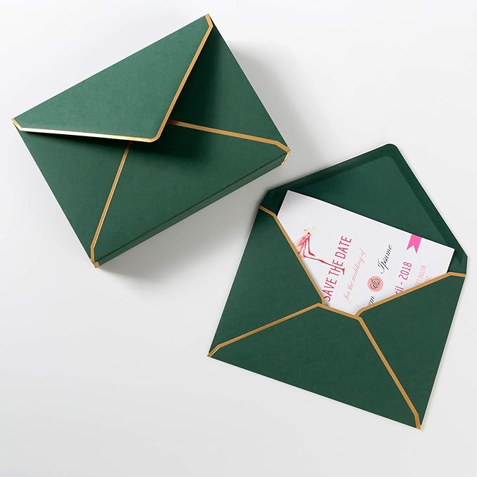 100 Pack A7 Envelopes 5 x 7 Card Envelopes V Flap with Gold Border for Office, Wedding Gift Cards, Invitations, Graduation, Baby Shower, Parties (5.32 x 7.28 Inches, Dark Green)
