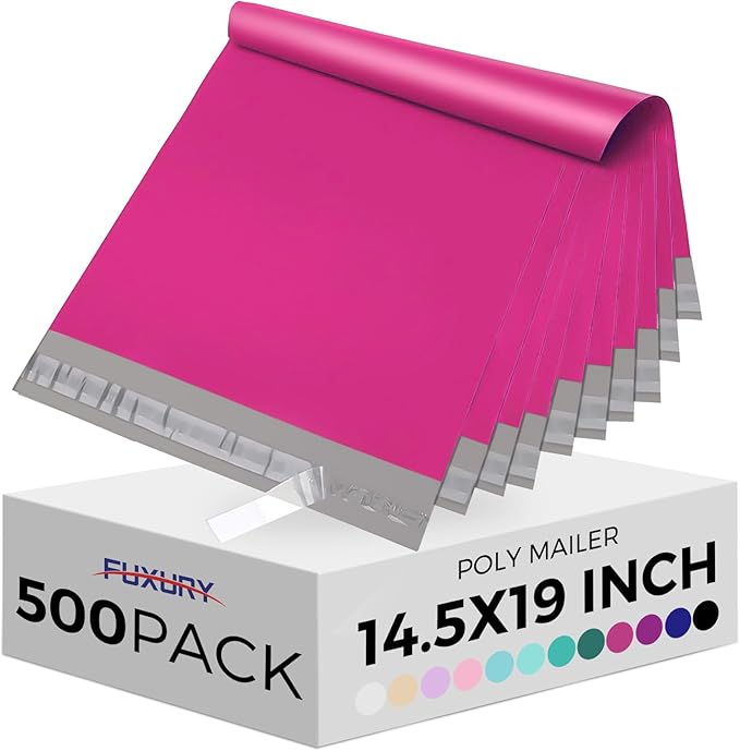 Fuxury Poly Mailers 14.5x19 Inch 500 Pcs, Bulk Shipping Bags for Clothing, Strong Adhesive Shipping Envelopes for Small Business Suppliers,Waterproof Mailers Poly Bags Mailing Envelopes Pink