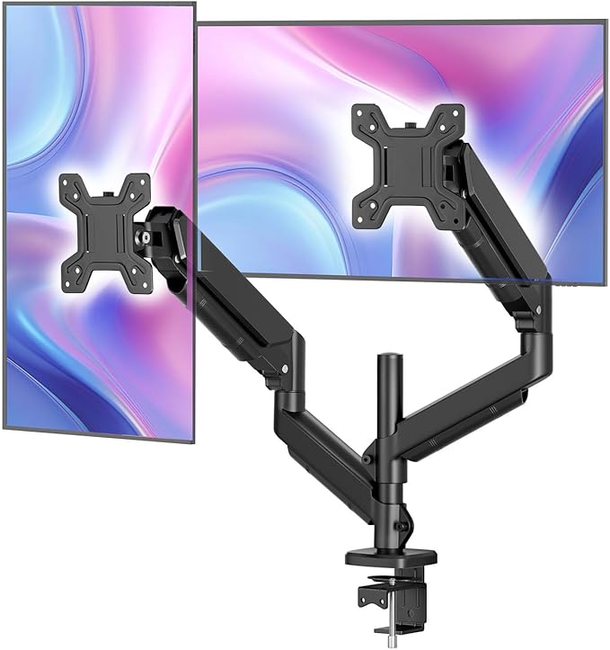 Simple Trending Dual Monitor Stand, Full Adjustable Monitor Mount, Gas Spring Monitors Arm for 13-32 inch Computer, VESA Mount with C-clamp & Grommet Mounting Holds Max 20 lbs Each, Freelift Black