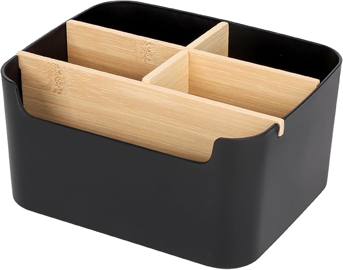 Segarty Black Desktop Organizer, Detachable Bamboo Remote Control Holder, Desk Storage Box Pencil Pen Holder Caddy for Office Home Bedside Nightstand Organization