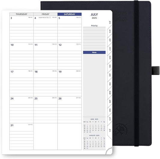 POPRUN Monthly Planner 2025-2026, 8.5'' x 11.25'', 13-Monthly Calendar (July 2025-July 2026) 15-Minute Hourly Appointment Book with Stair Tabs, Soft Cover, 100GSM Paper - Black