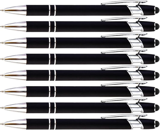 PASISIBICK 8 Pack Black Ballpoint Pens 2-in-1 Stylus Retractable Metal Stylus Pen for Touch Screens with Stylus tip, 1.0 mm Black Ink
