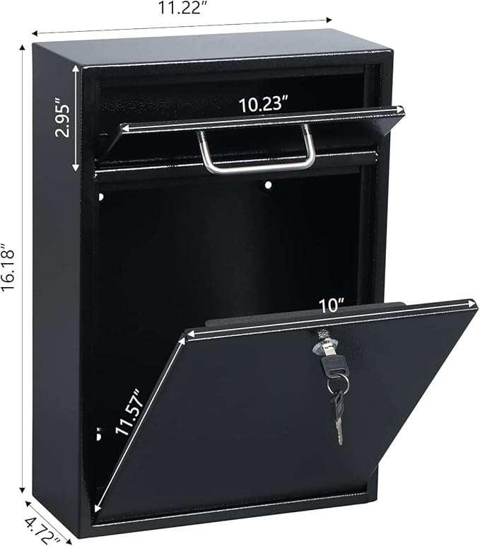 xydled Metal Mailbox Wall Mount, Large Locking Mailbox with Key Lock, Hanging Secure Postbox, Security Key Drop Box, Collection Boxes, Black, 17.6H x 12.2L x 5.7W Inches, XL Large