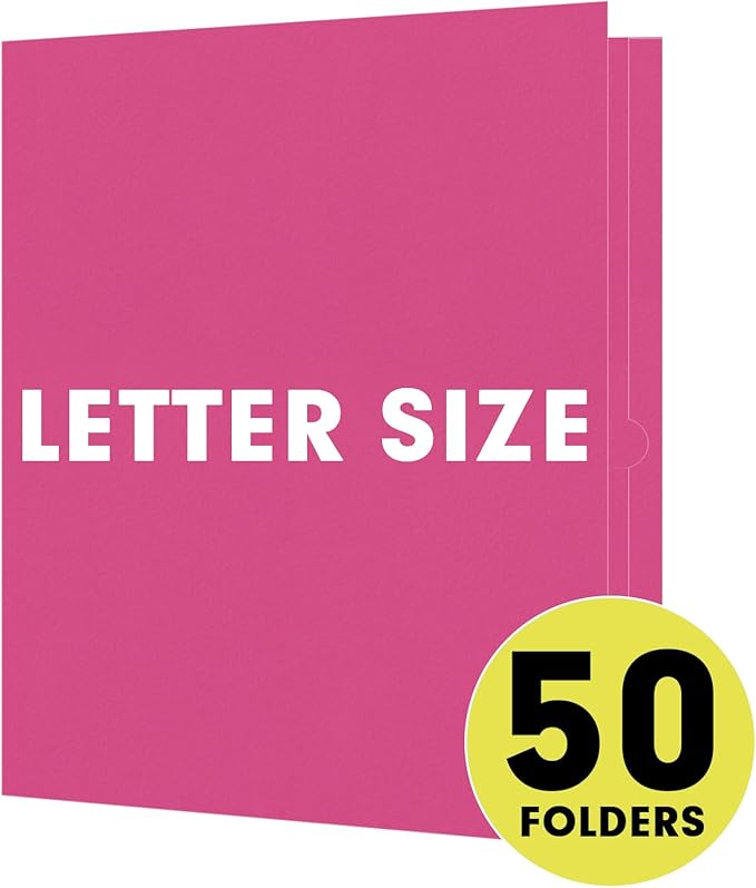 Two Pocket Folders, RAZCC 50 Pack 2 Pocket Folders Fit Letter Size Paper, Paper Folders with Pockets for School Office Business Home, Magenta