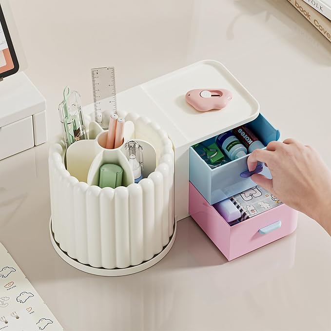 Anyoifax 360 Rotating Makeup Brush Holder 7 Slots Makeup Organizer with Drawer Removable Spinning Cosmetic Storage Pen Holder for Vanity, Dresser, Desk, Colorful