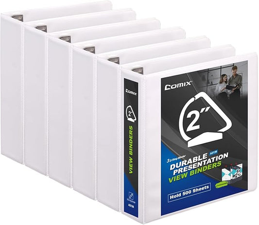 Comix Sturdy 2 Inch D-Ring Binders, 2'' 3 Ring Binder with Clear View Cover, Holds 500 Sheets of 8.5" x 11" Paper, 6 Pack (White)
