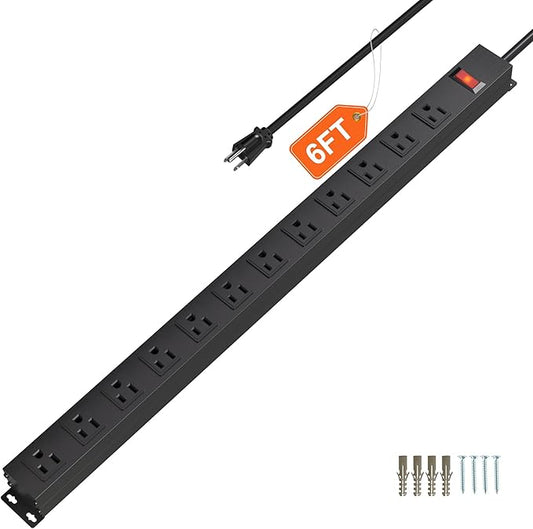 12 Outlet Long Power Strip with 15A Circuit Breaker,Black Wall Mount Heavy Duty Power Strip with 6FT/14AWG/15A/125V Extension Cord for Industrial,Garge,Office,Home and School,Black(6FT)
