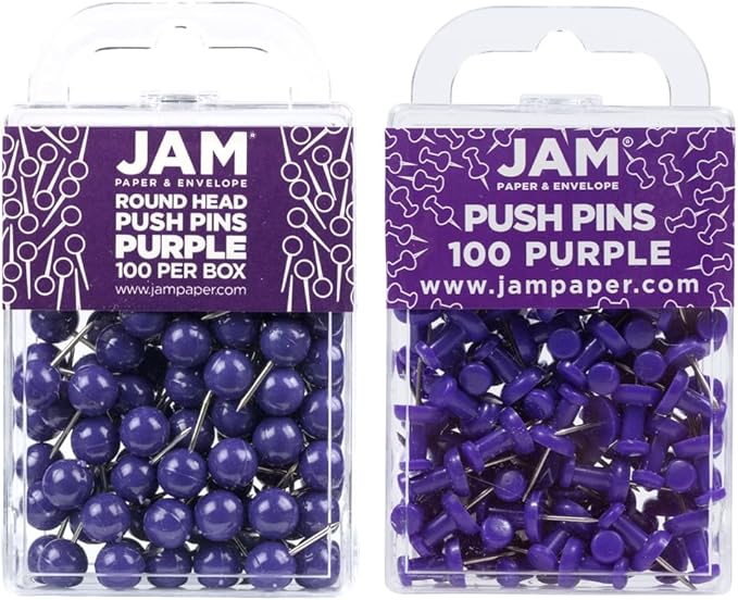JAM PAPER Colorful Push Pins - Flat & Round Head Thumb Tack Combo Set - Purple Pushpins - 200/Pack