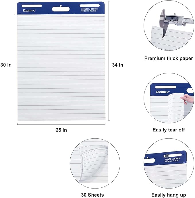 Comix Lined Sticky Easel Pad, 25 x 30 Inches Flip Chart Paper for Teachers, Large Self Stick Easel Paper, 30 Sheets/Pad, 10 Pads/Pack