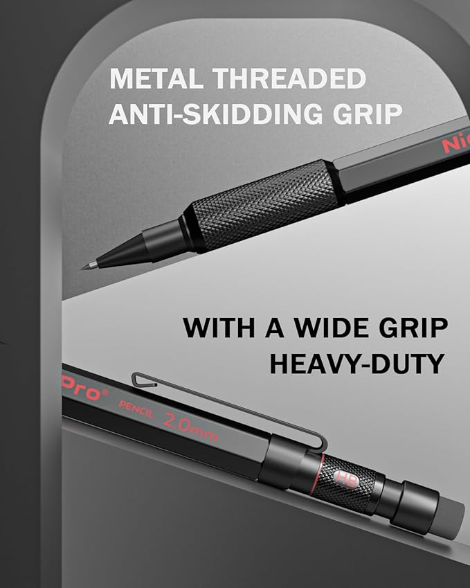 Nicpro 2mm Mechanical Pencils Set with Case, 12 Black Lead Refills,12 Colored Lead Refills, Erasers - MP2000 Weatherproof Metal Lead Holder, Heavy Duty Carpenter Pencil For Writing Drawing Woodworking