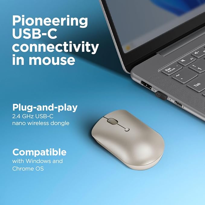 Lenovo 540 Wireless Computer Mouse for PC, Laptop, Computer with Windows or Chrome OS - 2.4 GHz USB-C Wireless Pairing Receiver - Compact Size - 18-Months Battery Life - Ambidextrous -Sand
