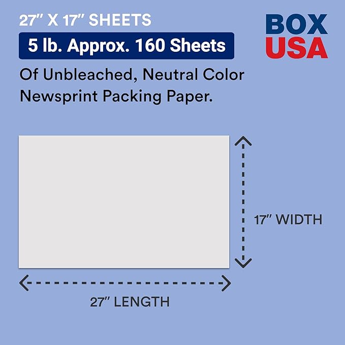 BOX USA Newsprint Packing Paper Sheets 160 Sheets (5 lbs.) Pre-Cut 27" x 17" Large Packing Paper Sheets for Moving, Shipping & Storage, Perfect Moving Supplies