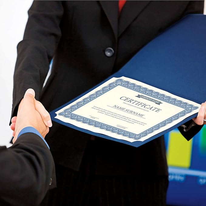 Plain Blue Certificate Folders - Pack of 25, Linen Cover 80 lb. Stock, Folded, Die-Cut Corners, for Office, Business Awards, Graduation, School Diploma Holder, 9-1/2" x 12"