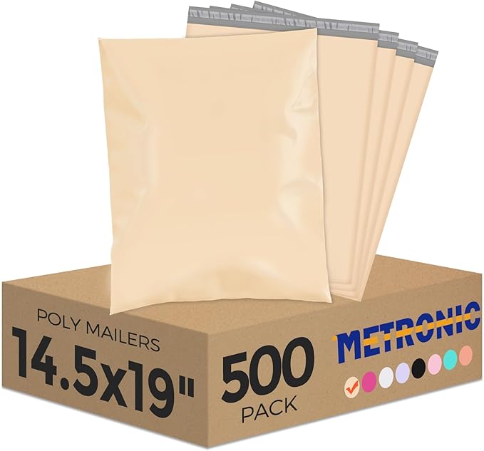 Metronic Poly Mailers 14.5x19 500 Pcs | Medium Size Shipping Bags for Clothes | Large Poly Mailer Bags, Shipping Envelopes, Mailing Bags for Small Business, Strong Adhensive Poly Bags Beige