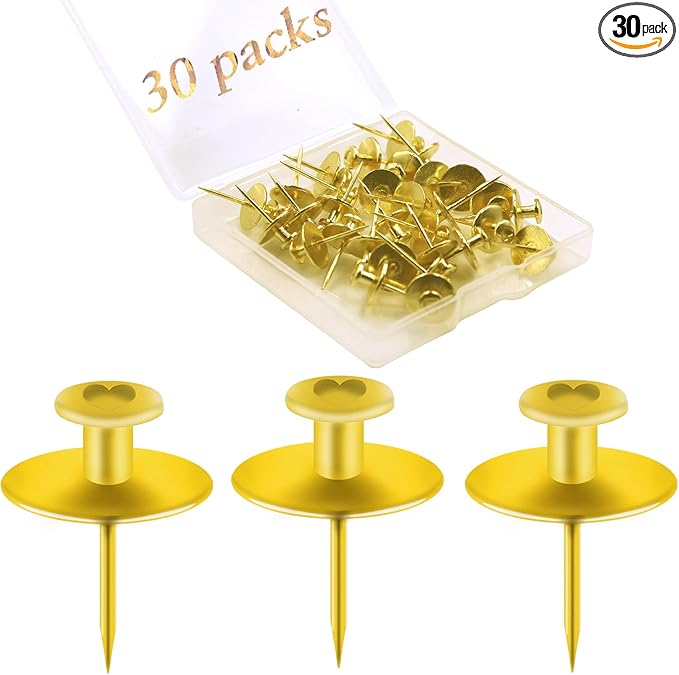 30 PCS Picture Hangers Hooks for Drywall, Gold Push Pins Double Headed Nails Thumbtacks for Wall Hangings Picture, Decorative Small Pins for Cork Board Home Office Photo Decorations