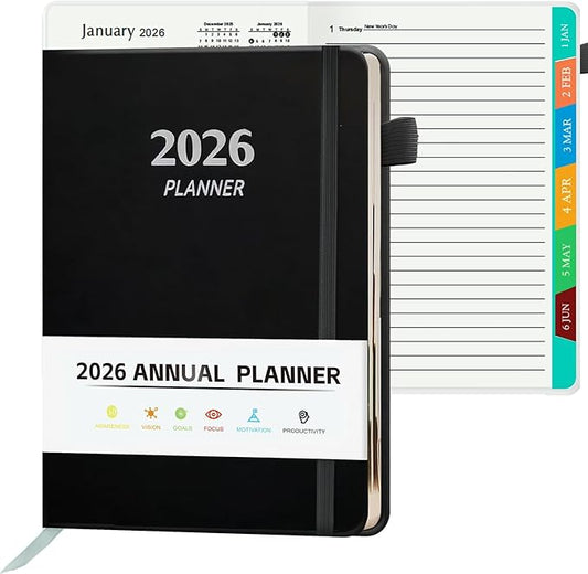 2026 Planner, A5 (5.6"x 8.5") Planner 2026 Jan-Dec, Monthly/Weekly/Daily Tabs with Contacts & Holidays, PU Leather Cover & 100gsm Paper, Organizer for School and Business Supplies (Black)