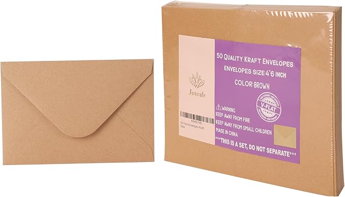 V-flap Kraft Envelopes, 50 Pack, 4 x 6 Inch, A4 Envelopes, Card Envelopes, Brown Envelopes, Kraft Paper Envelopes for Invitations, Postcard Envelopes, Water Base Adhesive, Gummed Flap
