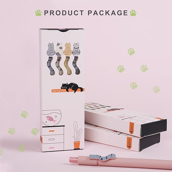 VICO Cat Gel Pens - 4 Pcs 0.5mm Quick Dry Black Ink Pen, Fine Point Smooth Writing Pens, Aesthetic Cute Kawaii Pen for School & Ofiice, Stationery for Cat Lovers