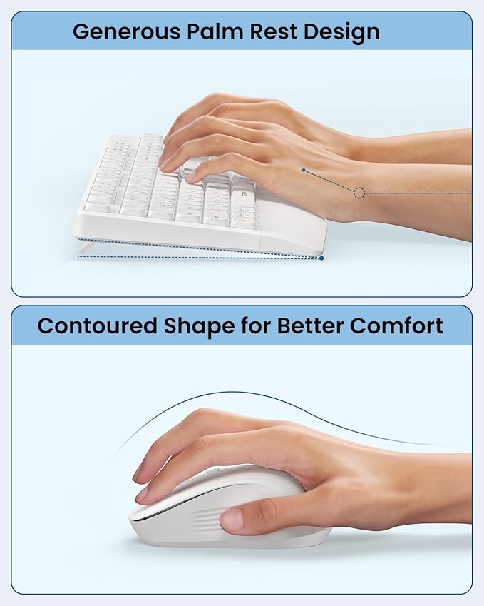 seenda Bluetooth Keyboard and Mouse, COE200 USB + Bluetooth Multi Device, Ergonomic Keyboard Mouse Set, Full-Size Wireless Combo Compatible for Mac OS/Windows PCs Computers Laptops MacBooks - White
