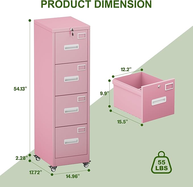 Aobabo File Cabinet 4 Drawer with Wheels, Lockable Office Metal Filing Cabinet with Name Card for Office and Home,Assembly Required,Pink