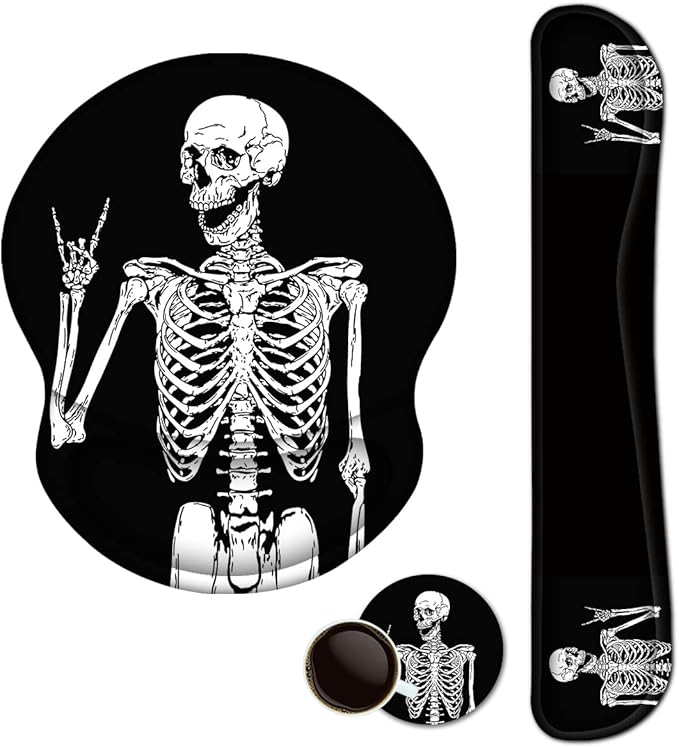 ArtSo Mouse Pad Keyboard Wrist Rest Support Ergonomic, Upgraded Cushion Mousepad Gel Memory Foam Non-Slip Rubber Base Pain Relief & Easy Typing for Home,Office, Human Skeleton Black