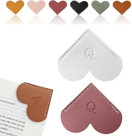 Personalized Leather Heart Bookmark, 26 Letters Customized Corner Book Mark for Reading Women, Book Marker with Initials，Cute Gifts (White+Deep Pink, Q)