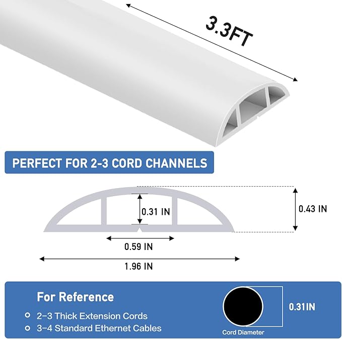 Floor Cord Cover Self Adhesive Cord Hider Floor Extension Cord Covers for Floor Power Cord Protector Cable Management Prevent Cable Trips Cable Cavity 0.59" W x 0.31" H (White, 3.3Ft)