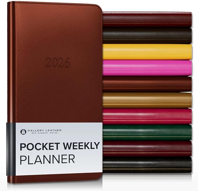 Gallery Leather Pocket Weekly Monthly Planner 2025-2026, Elegantly Bound Calendar Planner and Notebook with Stylish Gold-Gilded Page Edges, 12 Months - Freeport Metallic Copper - 6 x 3.25 "