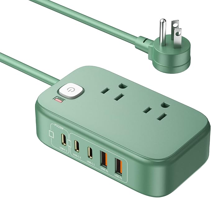 Power Strip with USB C Ports,30W USB C Charging Station,Surge Protection 1200J, 5FT Flat Extension Cord USB Charger Hub for Multiple Devices (Pearl Green)