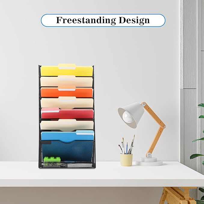 EASEPRES Desk File Organizer Mesh 9-Tier, Hanging Wall Mount Document Organization Stand, Desktop Vertical Mail Paper Folder Holder Rack with Bottom Tray for Office Home Cubicle Countertop, Black