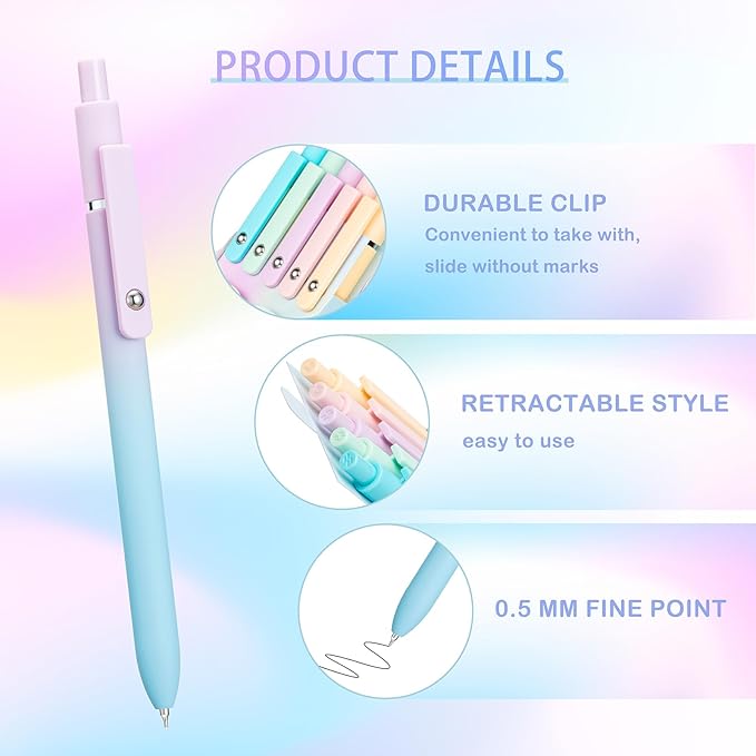 5PCS Retractable Gel Pens Set, Quick Dry Black Ink Fine Point Soft Touch Roller Ball Gel Ink Pen for Smooth Writing (Aurora Color)