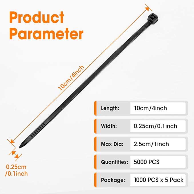 5000 PCS Zip Ties 4 Inch, Small Cable Ties with 18lbs Tensile Strength, Black Zip Ties for Indoor and Outdoor Use, Wire Ties, Black