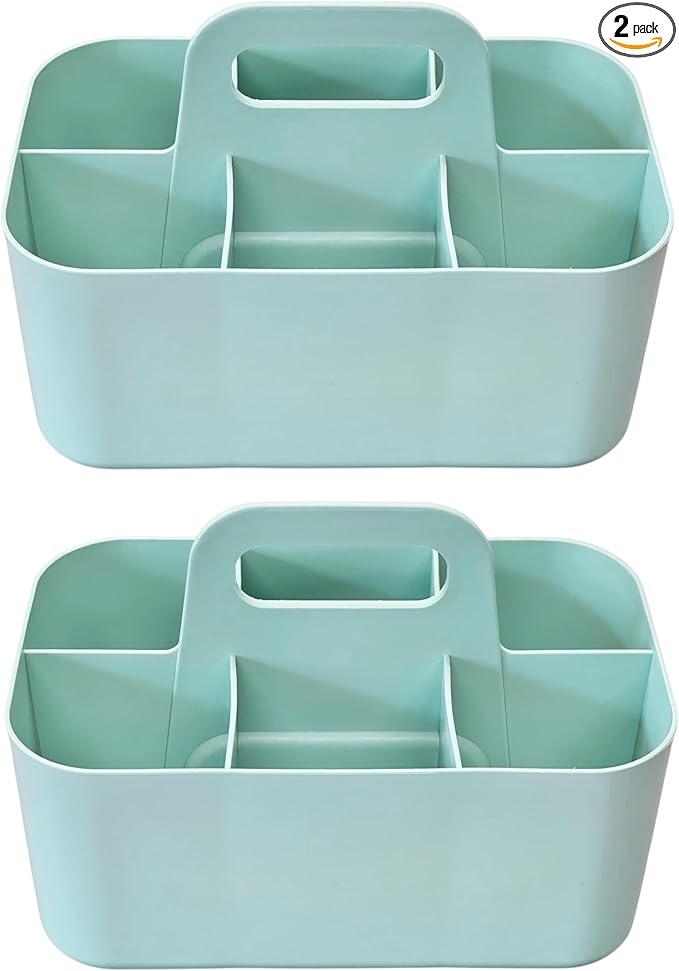 2 Pack Small 6 Compartment Multiuse Caddy Organizer with Handle Art Craft Supplies, Office, Desk, Stationery Pen Holder Stackable- Made In USA (Mint)